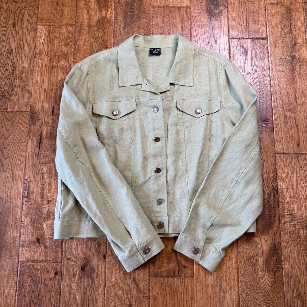 Tribal Women’s 100% Linen Sage Green Button Up Jacket XL and Striped Capri Sz 16 - Picture 8 of 14
